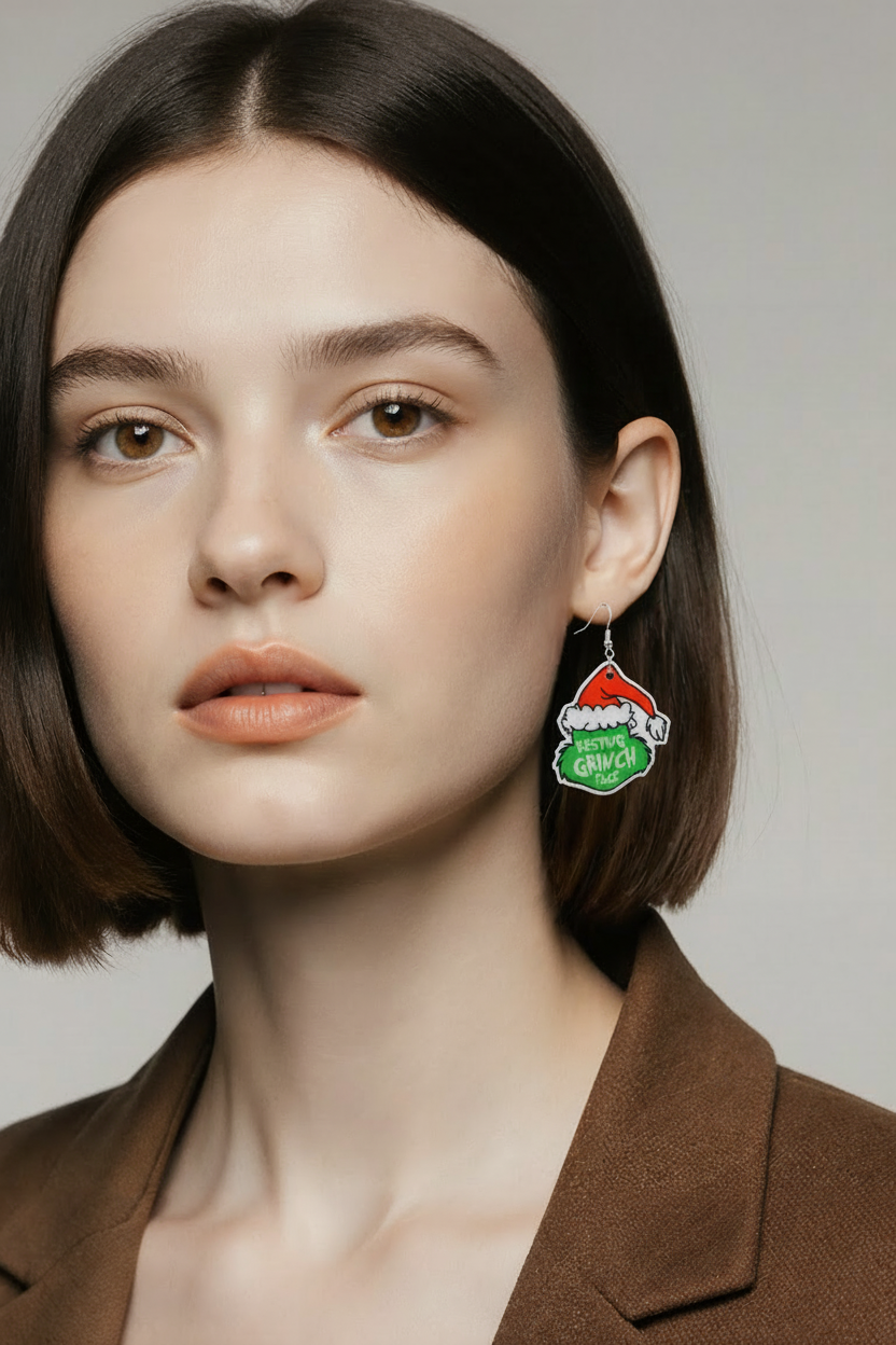 Resting Grinch Face Earrings – Festive Acrylic Holiday Dangles