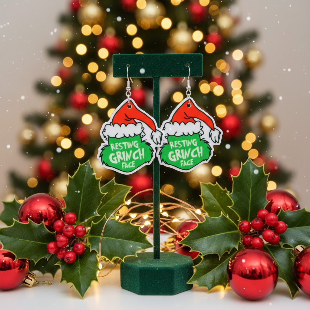 Resting Grinch Face Earrings – Festive Acrylic Holiday Dangles