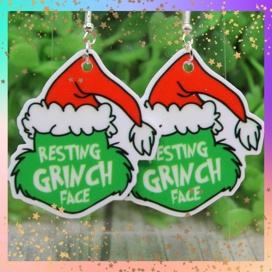 Resting Grinch Face Earrings – Festive Acrylic Holiday Dangles