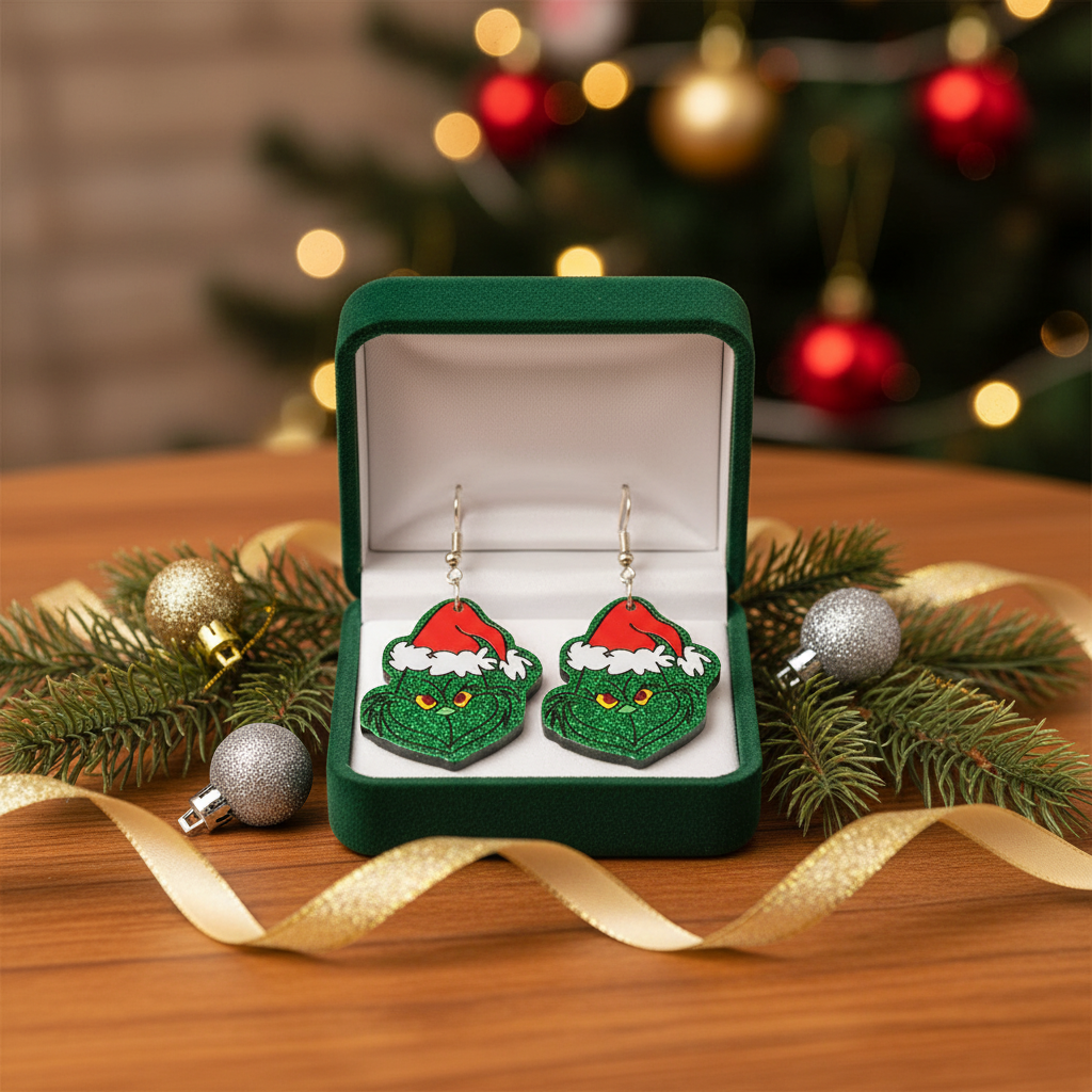 Green Glitter Grinch Santa Hat Earrings – Festive Acrylic Holiday Dangles