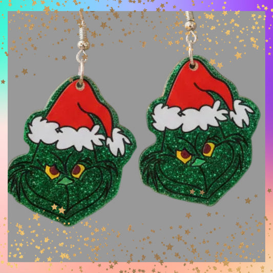 Green Glitter Grinch Santa Hat Earrings – Festive Acrylic Holiday Dangles