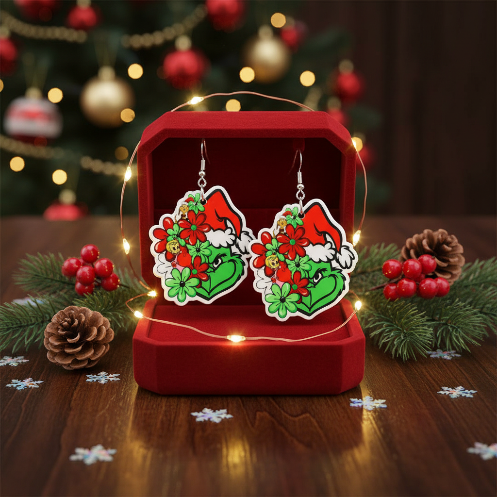 Floral Santa Hat Grinch Earrings – Festive Acrylic Dangles