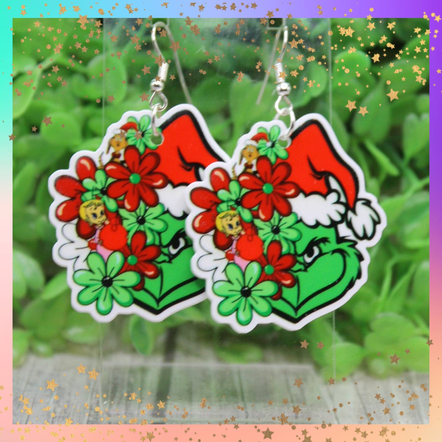 Floral Santa Hat Grinch Earrings – Festive Acrylic Dangles