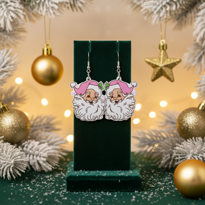 Pink Santa Claus Dangle Earrings – Double-Sided Festive Acrylic Jewelry