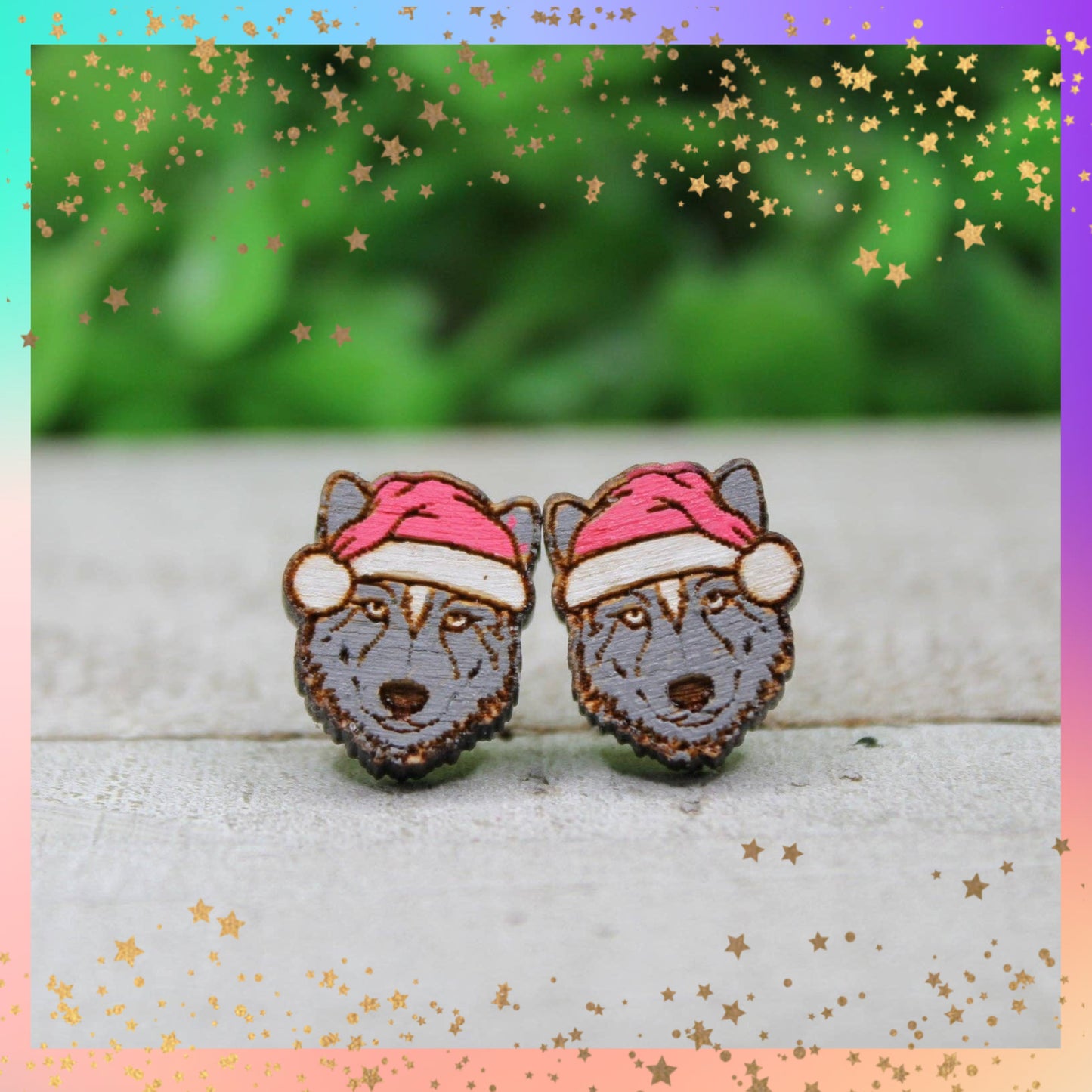 Santa Hat Wolf Stud Earrings | Handmade Wooden Holiday Jewelry