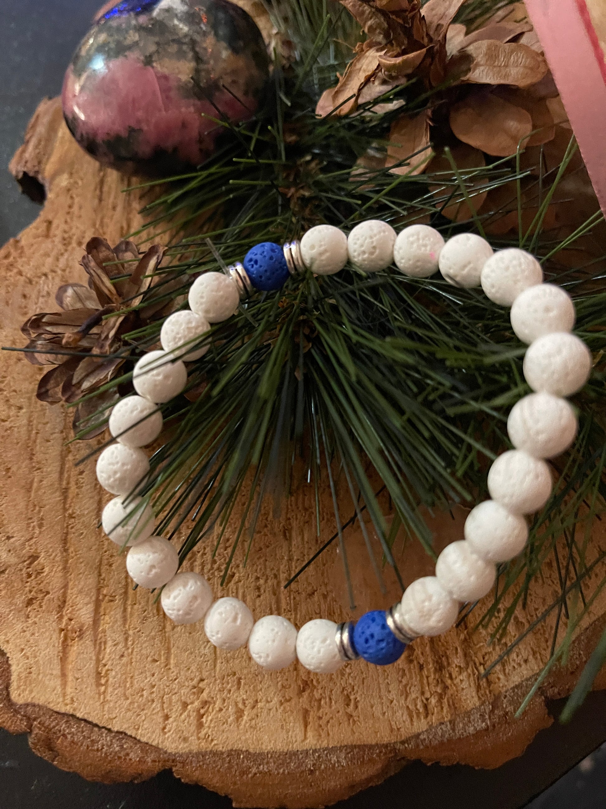 White Lava Stone (8mm) with blue Beaded Elastic/Stretch BraceletPink tiful of LOVE