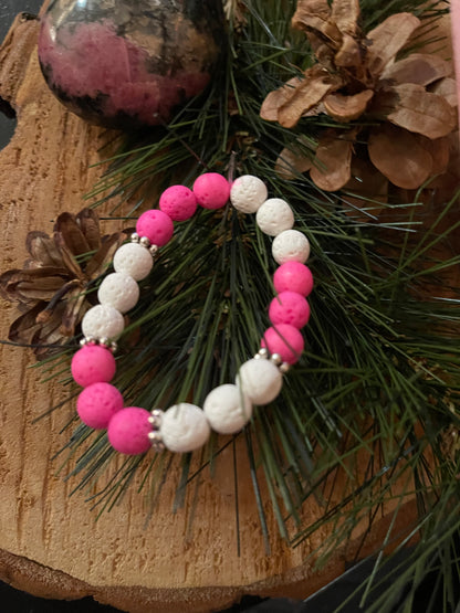 White and Pink Lava Stone (8mm) Beaded Elastic/Stretch Bracelet