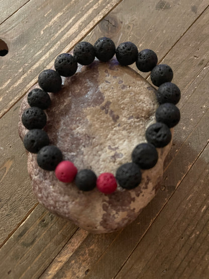 Black Lava Stone (10mm) with red Beaded Elastic/Stretch Bracelet