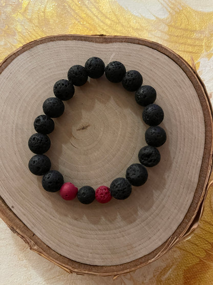 Black Lava Stone (10mm) with red Beaded Elastic/Stretch Bracelet