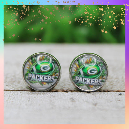 Packers Football Splatter Glass Stud Earrings | 12mm Handmade Fan Jewelry