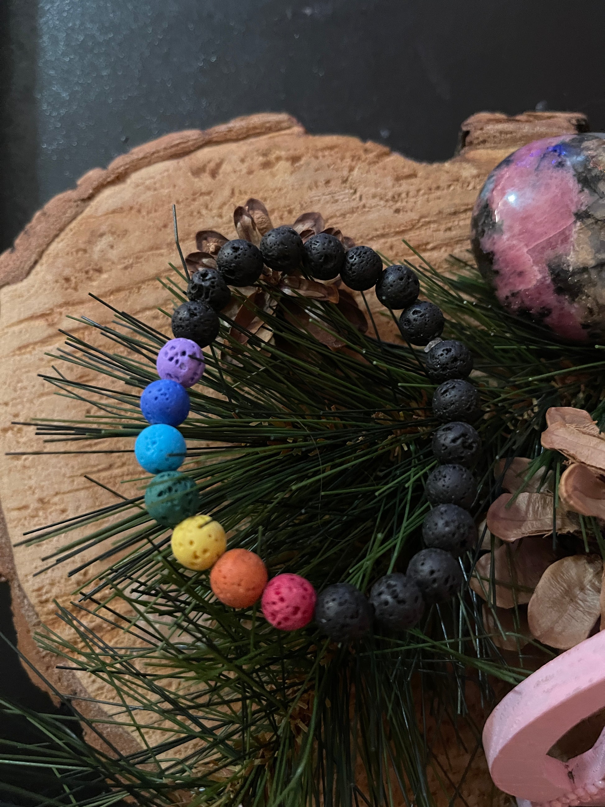 Black Lava Stone (8mm) with Chakra colors Lava beaded Elastic/Stretch BraceletPink tiful of LOVE