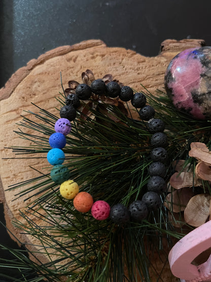 Black Lava Stone (8mm) with Chakra colors Lava beaded Elastic/Stretch BraceletPink tiful of LOVE