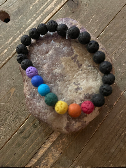 Black Lava Stone (8mm) with Chakra colors Lava beaded Elastic/Stretch BraceletPink tiful of LOVE