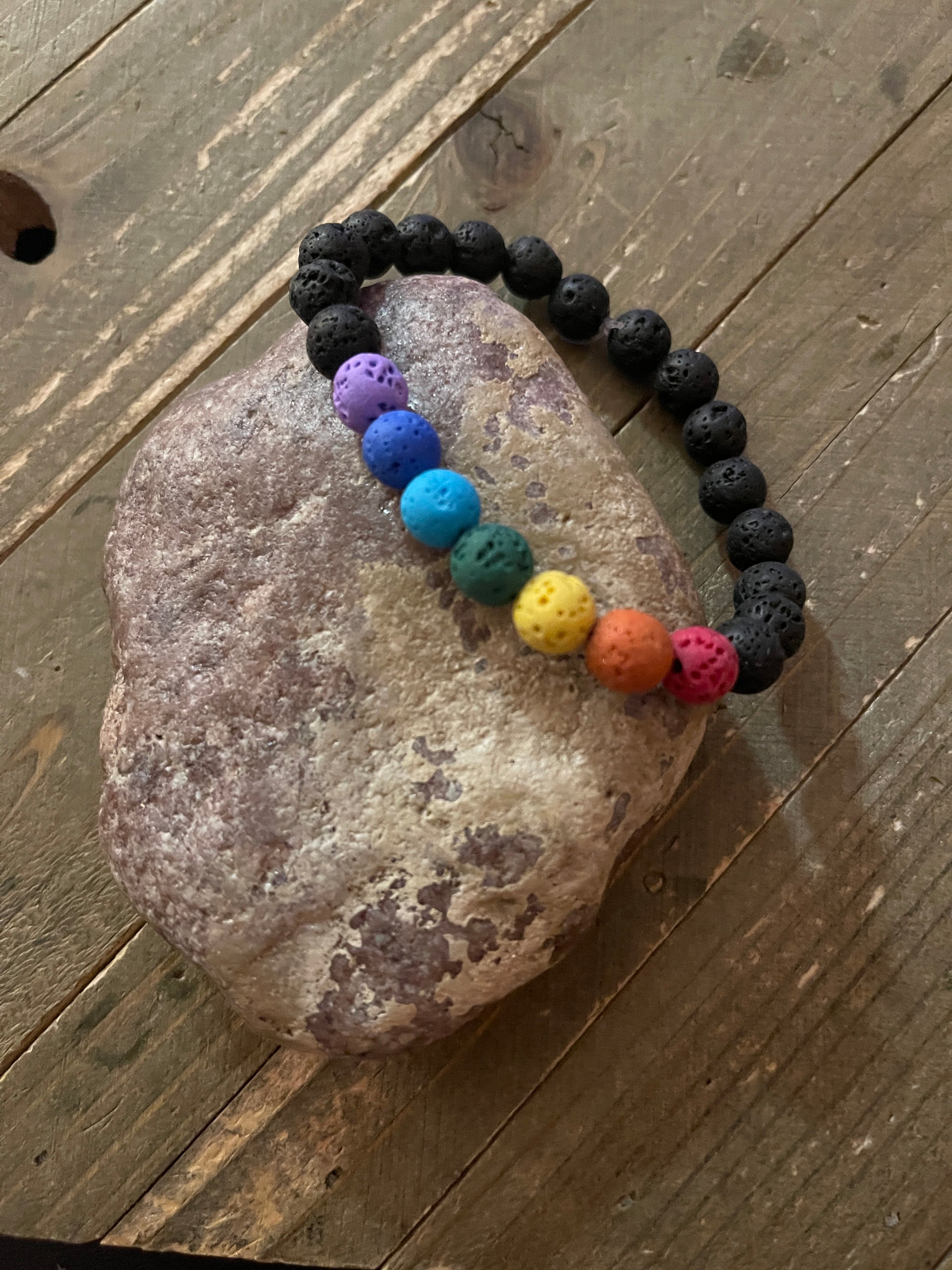 Black Lava Stone (8mm) with Chakra colors Lava beaded Elastic/Stretch BraceletPink tiful of LOVE