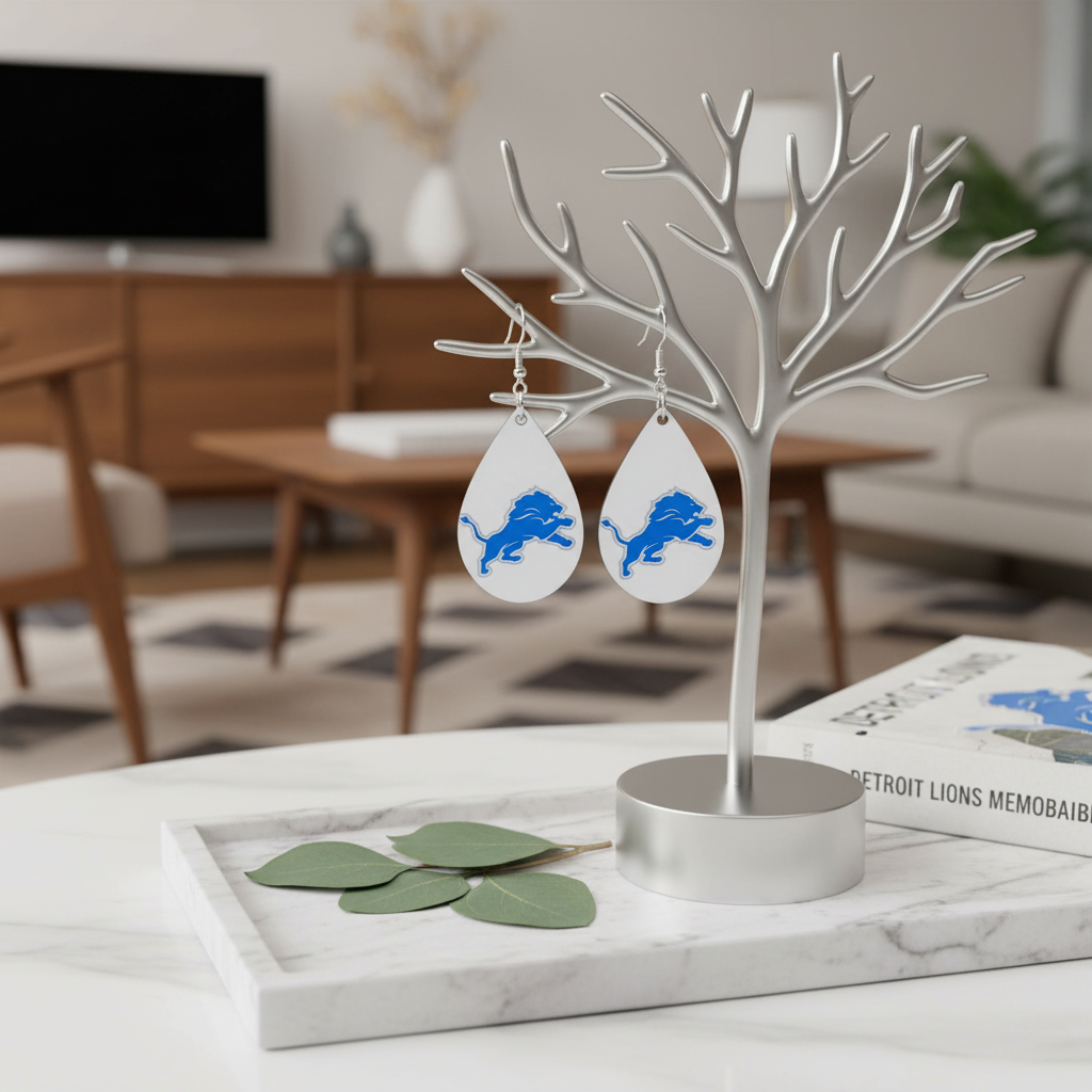 Lions Football on White Teardrop Dangle Earrings | Handmade Fan Jewelry