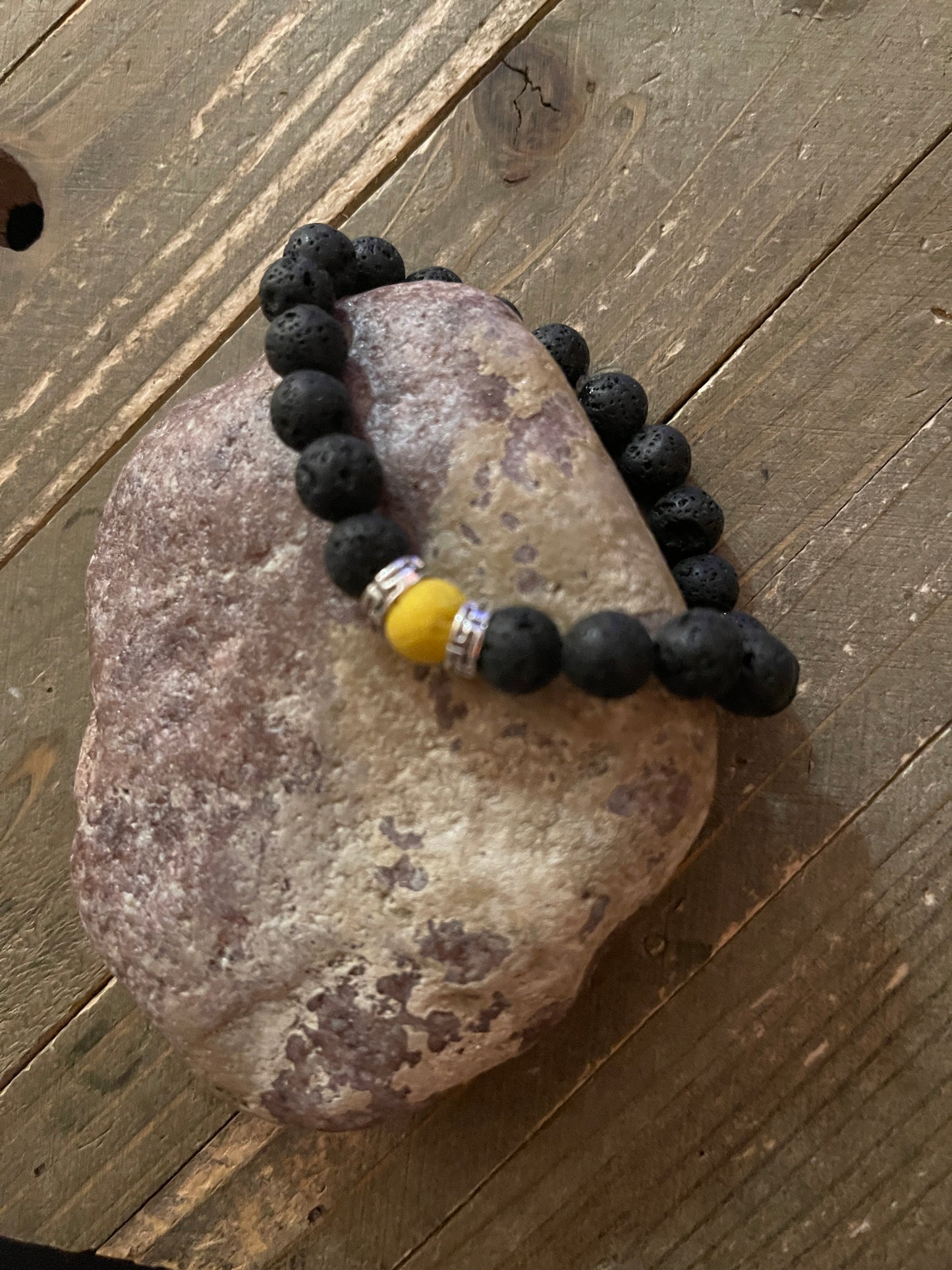 Black Lava Stone (8mm) with yellow Beaded Elastic/Stretch Bracelet