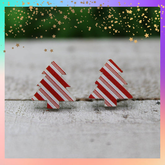 Candy Cane Striped Christmas Tree Stud Earrings | Handmade Holiday Jewelry