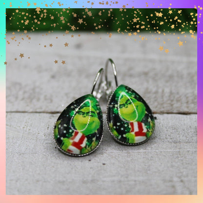 Grinch with Scarf French Lever Earrings | Handmade Holiday Jewelry