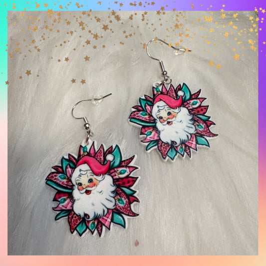 Acrylic Floral Santa Dangle Earrings | Handmade Holiday Statement Jewelry