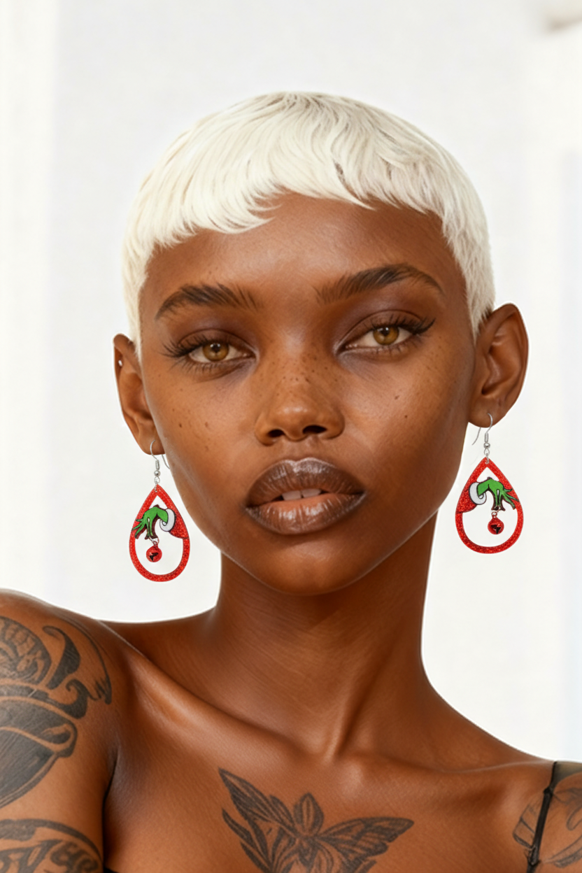Grinch Bell Christmas Earrings | Festive Acrylic Holiday Dangle Earrings