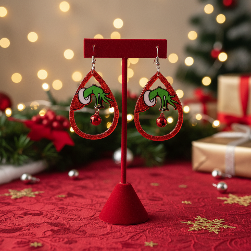 Grinch Bell Christmas Earrings | Festive Acrylic Holiday Dangle Earrings