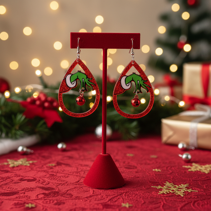 Grinch Bell Christmas Earrings | Festive Acrylic Holiday Dangle Earrings