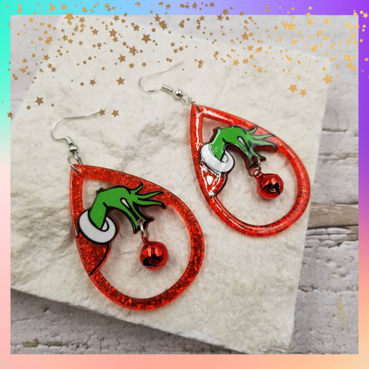 Grinch Bell Christmas Earrings | Festive Acrylic Holiday Dangle Earrings