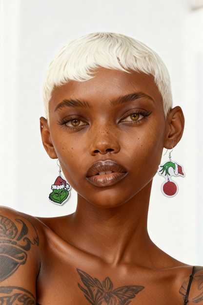 Grinch Christmas Asymmetrical Wood Earrings | Fun Holiday Statement Earrings