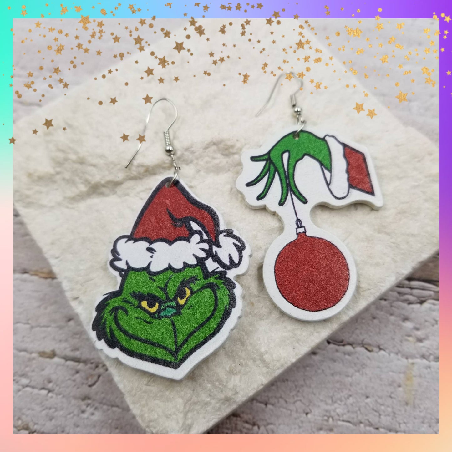Grinch Christmas Asymmetrical Wood Earrings | Fun Holiday Statement Earrings