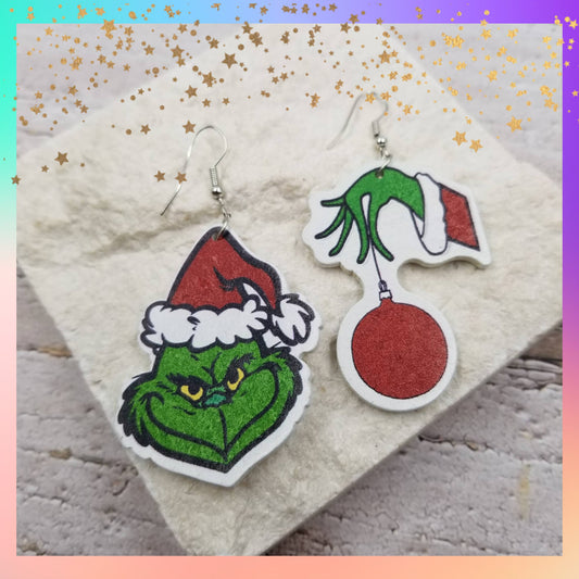Grinch Christmas Asymmetrical Wood Earrings | Fun Holiday Statement Earrings