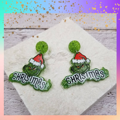 Grinch Christmas Acrylic Earrings | Festive Holiday Statement Dangle Earrings