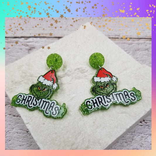 Grinch Christmas Acrylic Earrings | Festive Holiday Statement Dangle Earrings