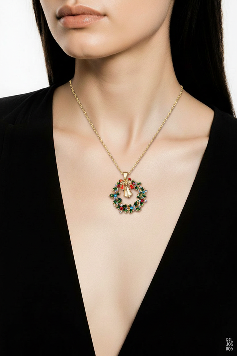 Christmas Wreath Bell Pendant Necklace | Festive Holiday Jewelry