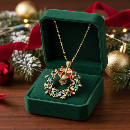 Christmas Wreath Bell Pendant Necklace | Festive Holiday Jewelry