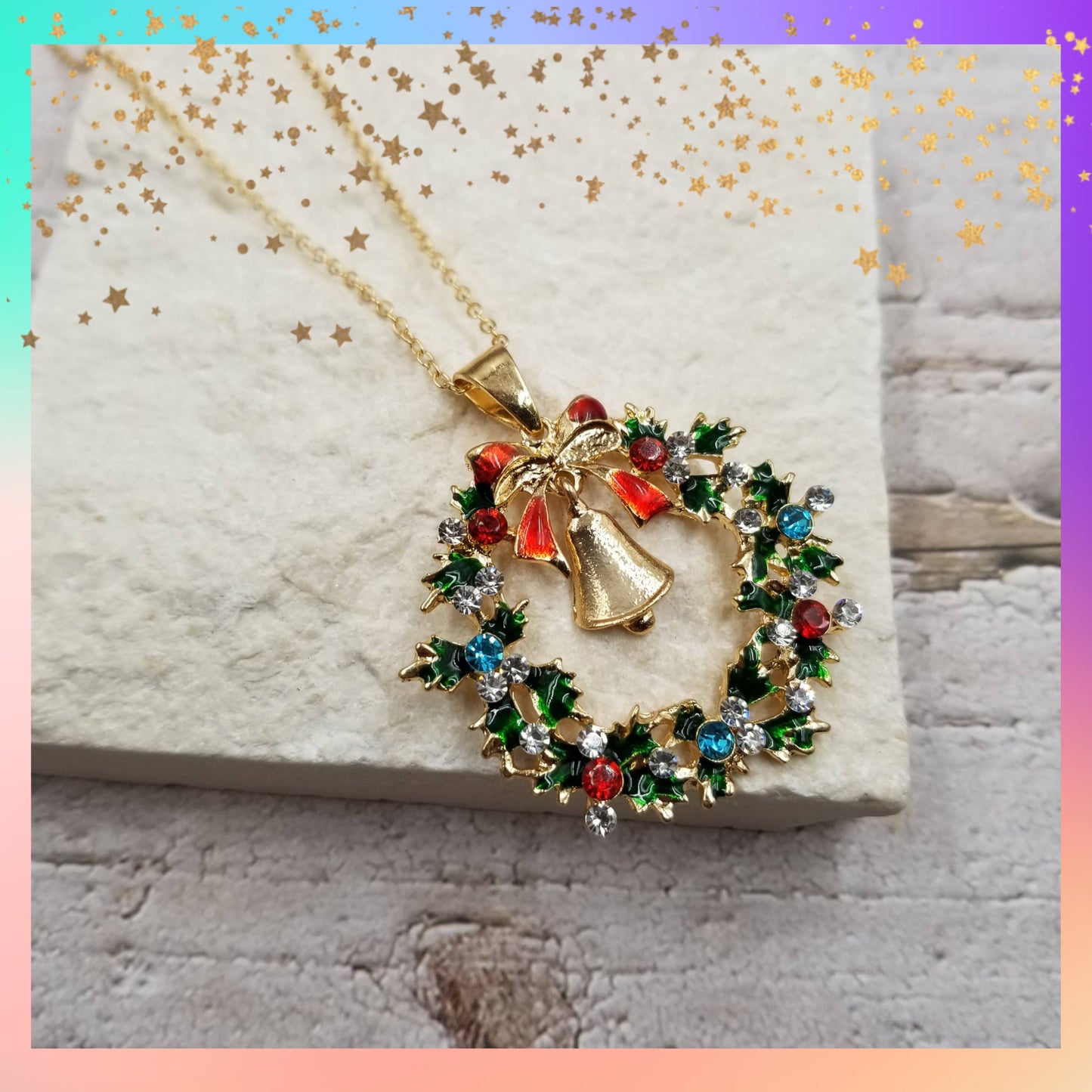 Christmas Wreath Bell Pendant Necklace | Festive Holiday Jewelry
