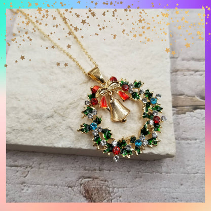 Christmas Wreath Bell Pendant Necklace | Festive Holiday Jewelry