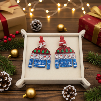 Christmas Sweater Acrylic Dangle Earrings | Festive Holiday Statement Earrings