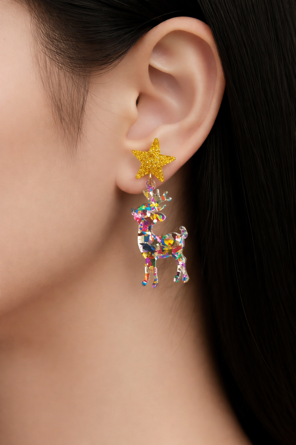 Christmas Confetti Reindeer Earrings | Festive Holiday Acrylic Dangle Earrings