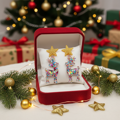 Christmas Confetti Reindeer Earrings | Festive Holiday Acrylic Dangle Earrings