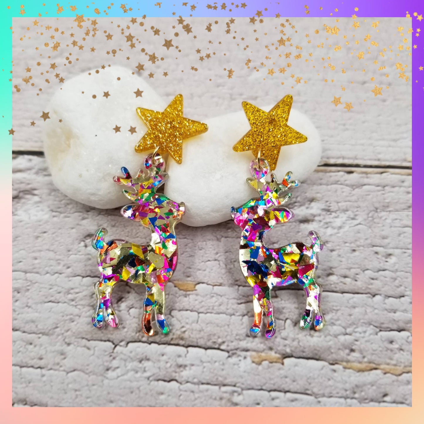 Christmas Confetti Reindeer Earrings | Festive Holiday Acrylic Dangle Earrings