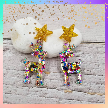 Christmas Confetti Reindeer Earrings | Festive Holiday Acrylic Dangle Earrings
