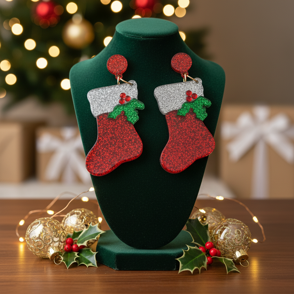 Christmas Boots Acrylic Dangle Earrings | Festive Holiday Stocking Earrings
