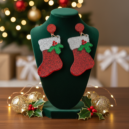 Christmas Boots Acrylic Dangle Earrings | Festive Holiday Stocking Earrings