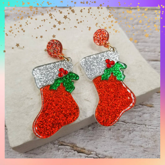 Christmas Boots Acrylic Dangle Earrings | Festive Holiday Stocking Earrings