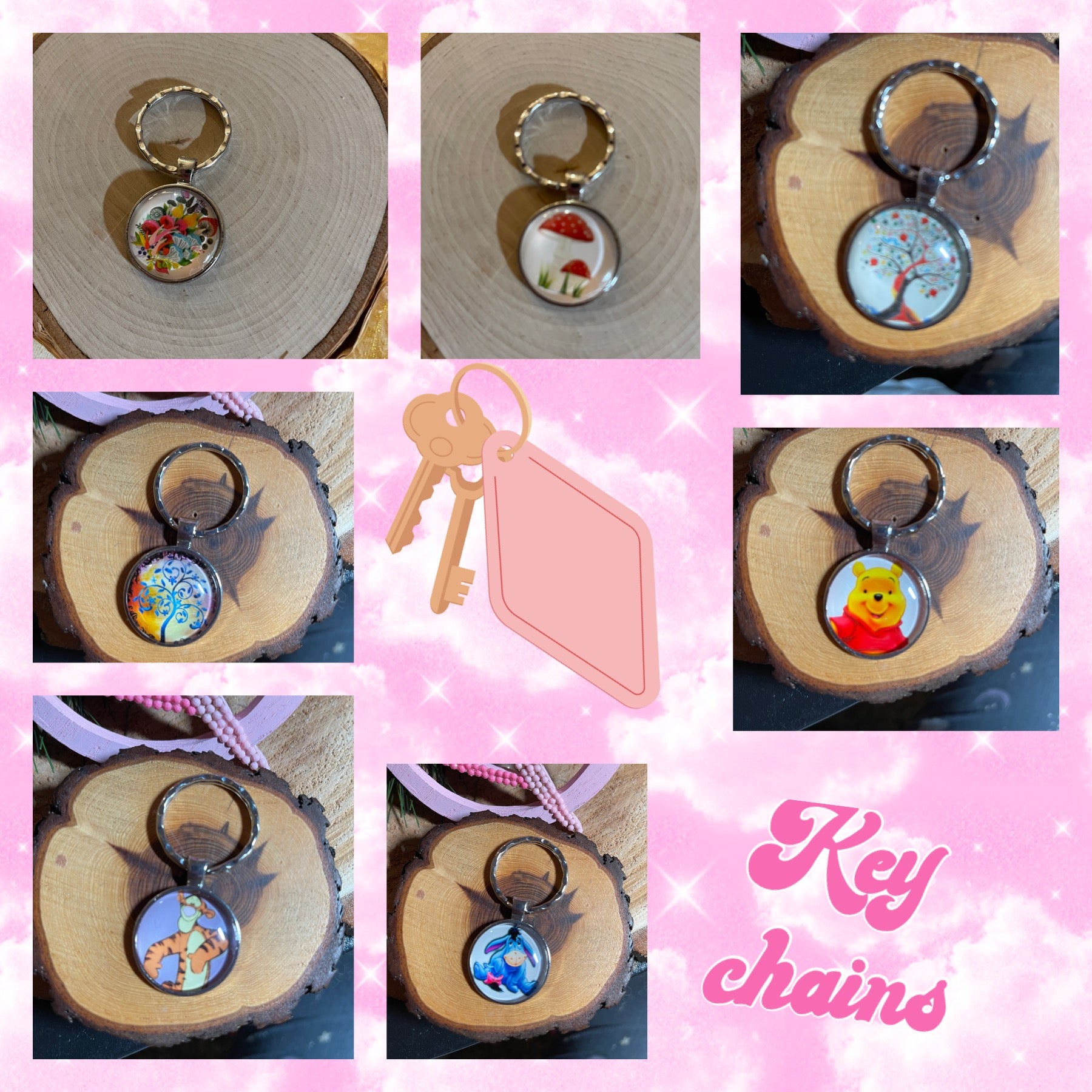 Assorted  Silver Cabochon Key ChainsPink tiful of LOVE