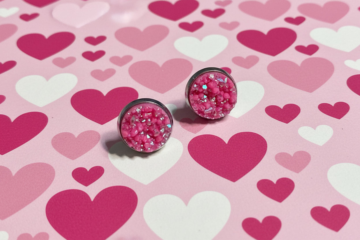 Hot Pink Druzy Stud Earrings | 12mm Sparkle Studs