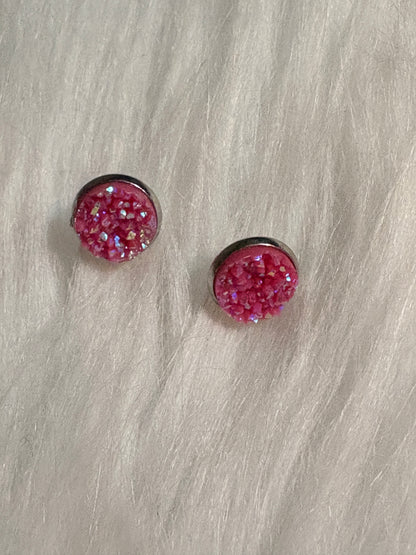 Hot Pink Druzy Stud Earrings | 12mm Sparkle Studs
