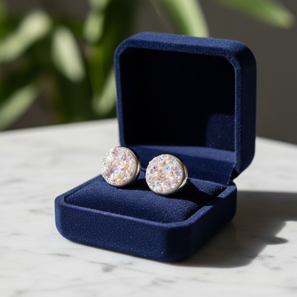 White Druzy Stud Earrings | 12mm Sparkle Studs