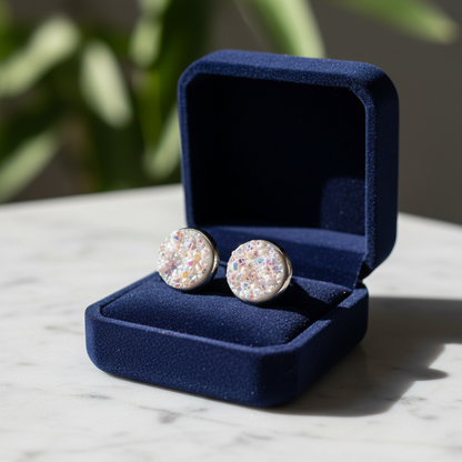 White Druzy Stud Earrings | 12mm Sparkle Studs