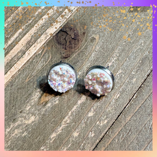 White Druzy Stud Earrings | 12mm Sparkle Studs